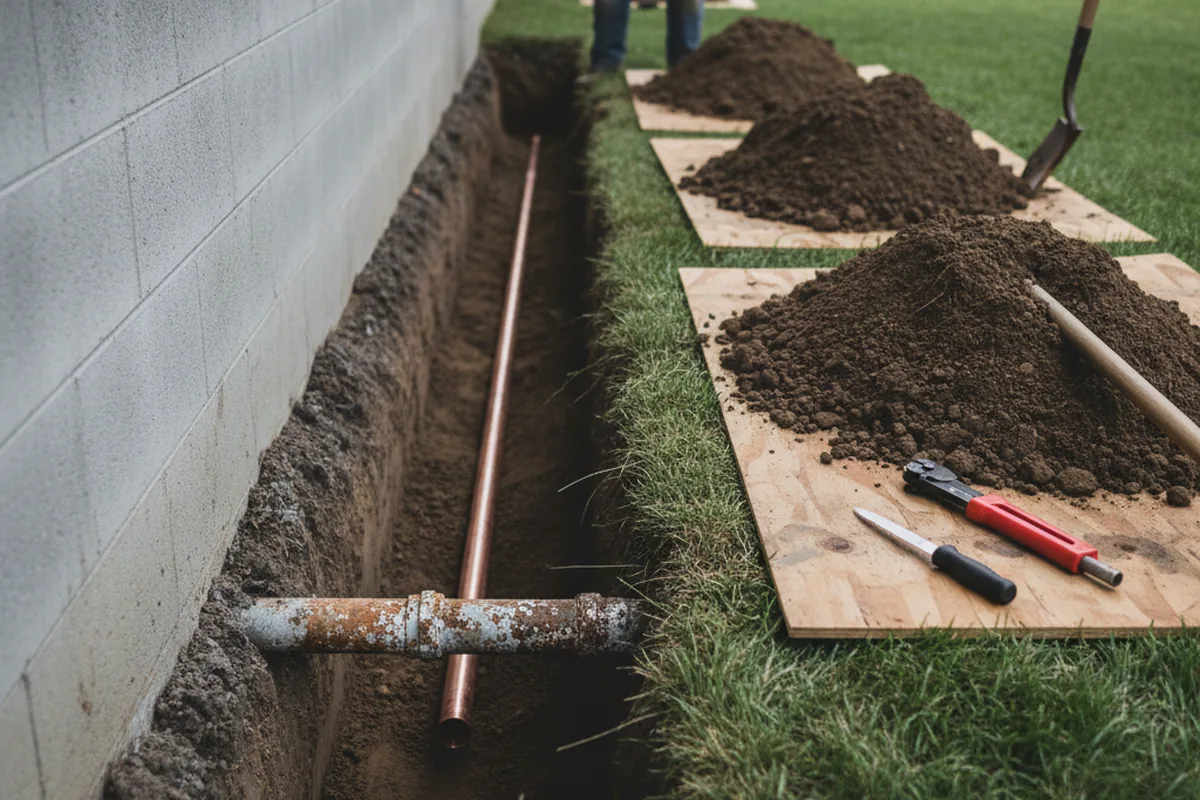Excavated water line trench during Sewer Line Repair in Buskirk
